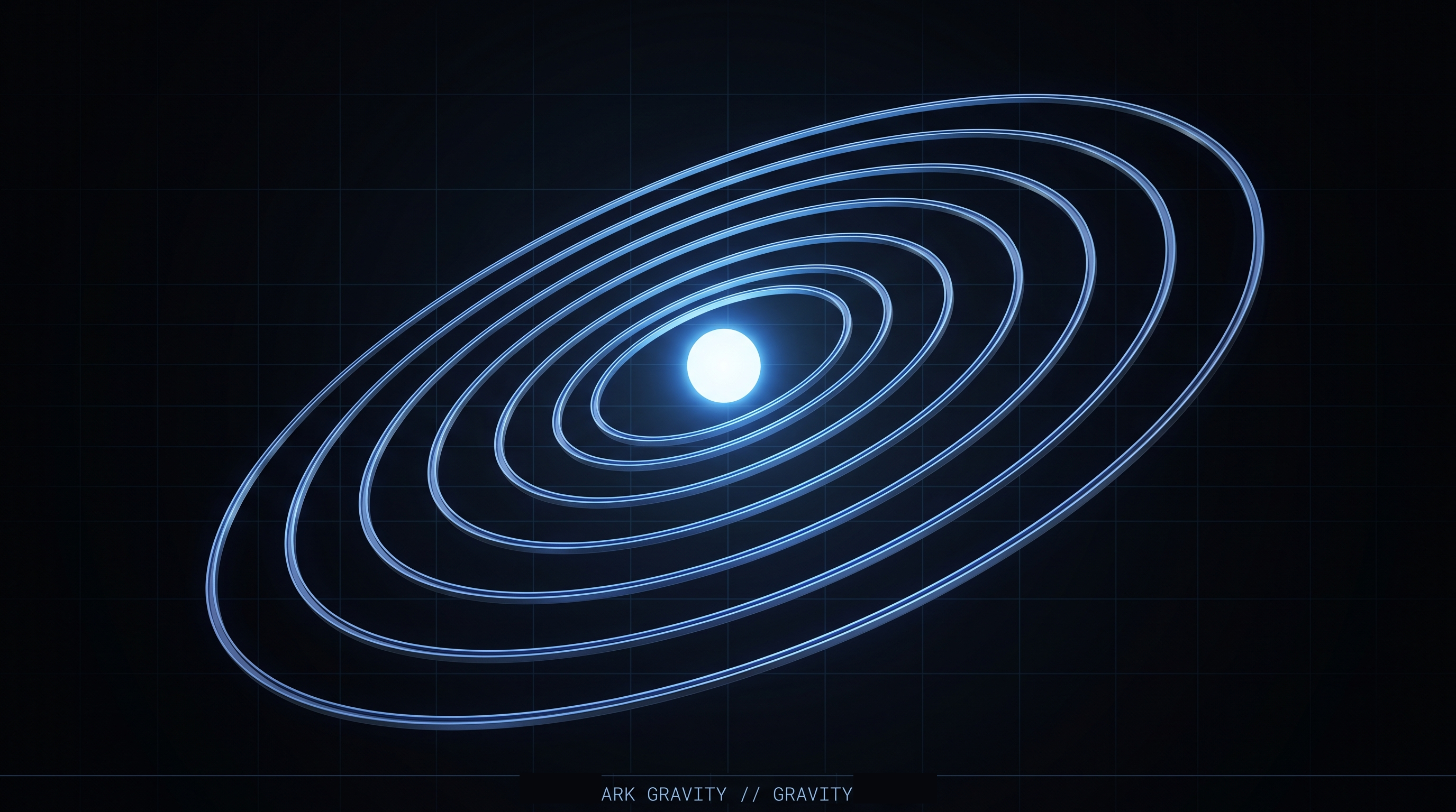 Tilted orbital diagram of concentric electric-blue rings around a single glowing core, representing Ark Gravity, the force that keeps a business's systems in stable orbit.